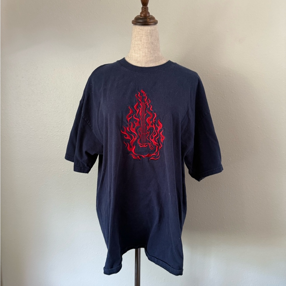 Port and Company Dark Blue Tee with Red Flame Design